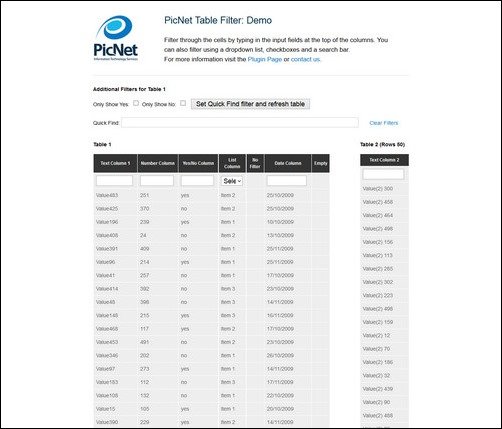PicNet Table Filter jQuery