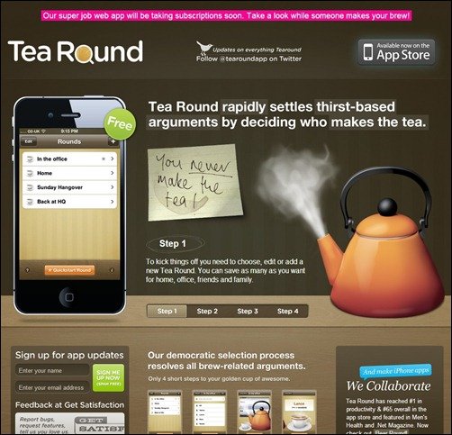 Tea Round App landing page designs